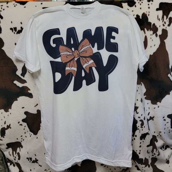 Game Day Bow Football Tee Graphic Short Sleeve T-Shirt - Picture 2 of 5